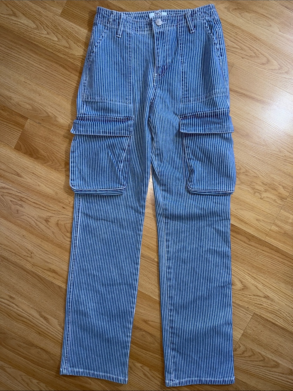BBJ Los Angeles Striped Blue Cargo Straight Leg Jeans High Waist Size 1/25
